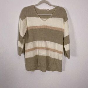 Soft Surroundings Tan & Light Brown Striped V Neck Pullover 3/4 Length Sleeve Sw